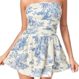 Cider Toile Strapless Ruffle Mini Dress